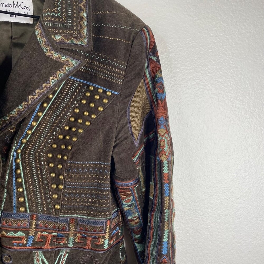 Pamela McCoy Coat Women's Brown Sz M Embroidered Studded Boho Ecletic Mid Length - Picture 9 of 16